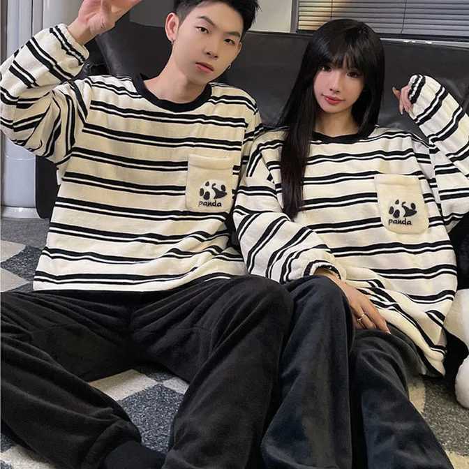 Unisex flannel sleepwear new womens winter warm wool couple sleepwear set couple sleepwear cute cartoon sleepwear W241221
