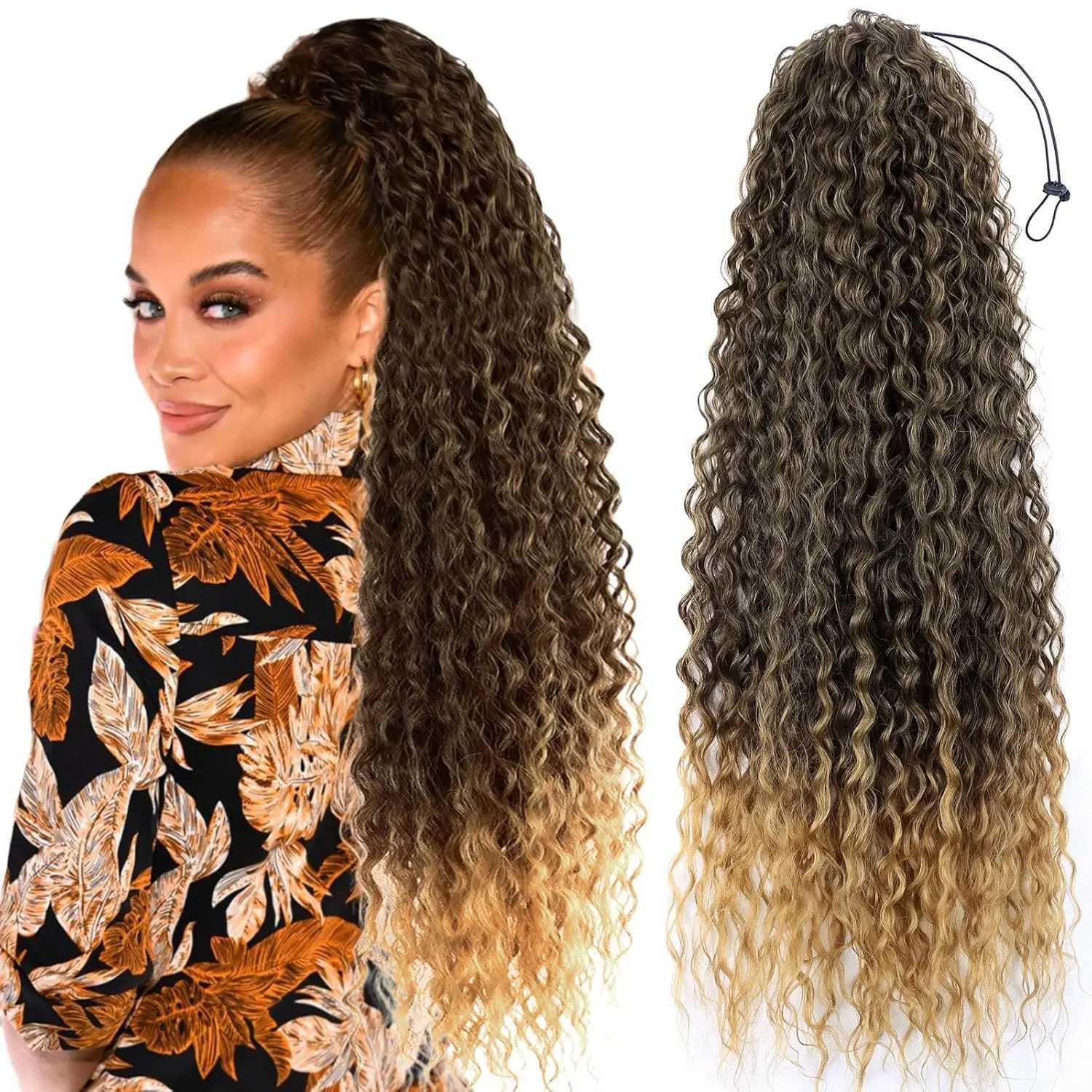 Synthetic Curly Ponytail Hair Extensions For Women Black 22Inch Drawstring Ponytail Hair Extension Natural Water Wave PonytailXJ241221