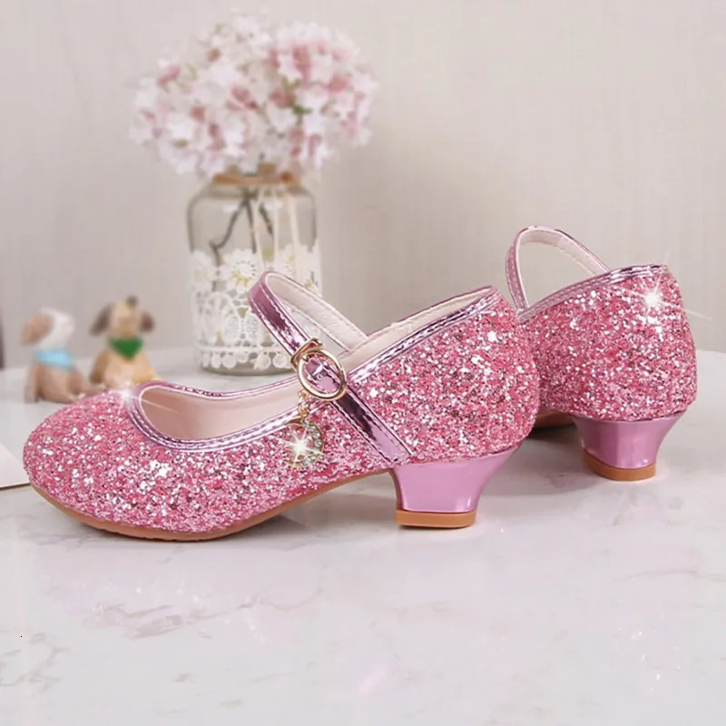 Childrens Glossy High Heel Dance Princess Shoes Girls Non-slip Sequins Shallow Mouth Leather Shoes 26-40 Sizes 241220