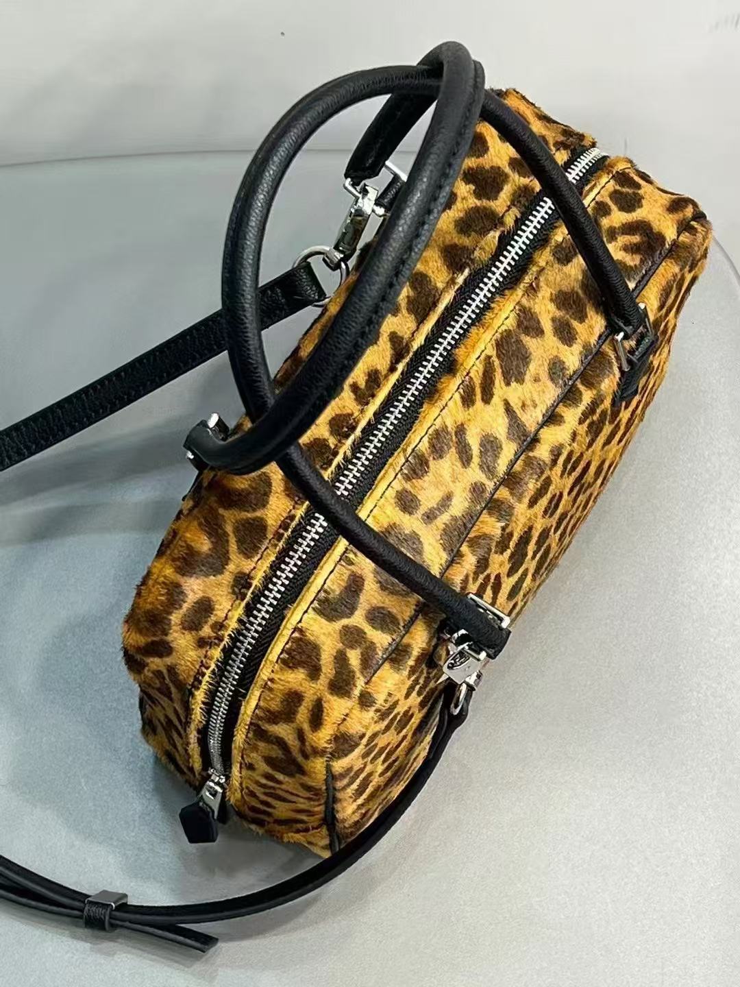 2025 Winter Leopard Print Horsehair/Suede Cow Leather Boston Pillow Tote New Design Women Tote Crossbody Shoulderbox Bag