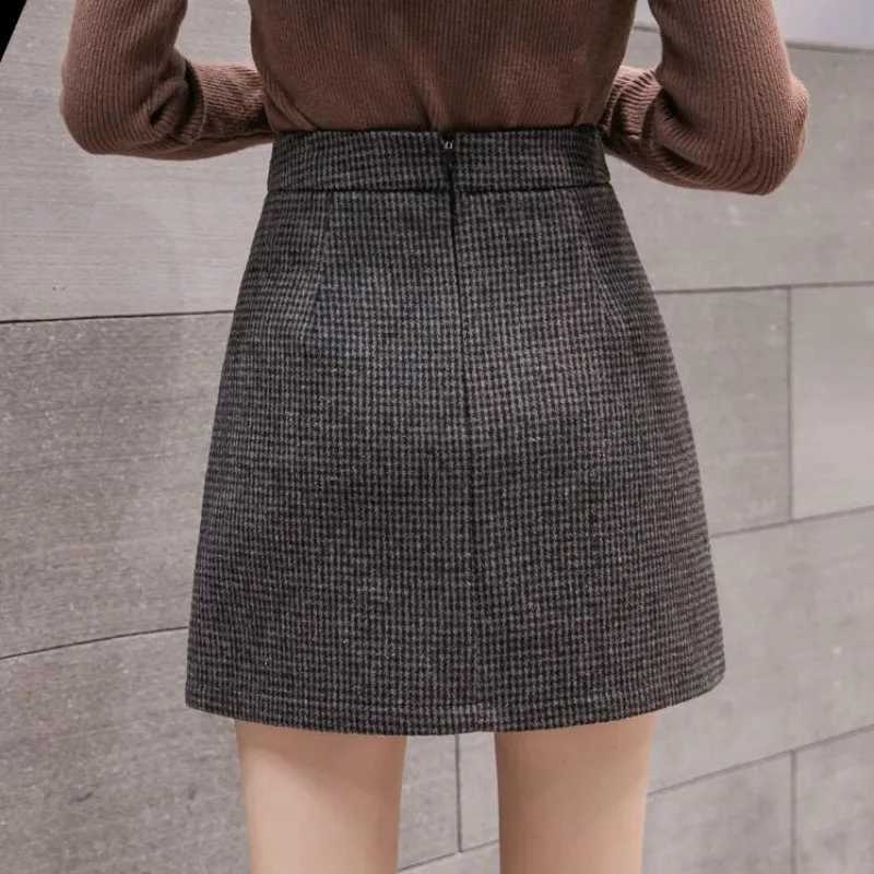 Autumn Winter New Fashion Plaid A-Line Mini Skirt Women High Waist Woolen Skirt Fe Casual All-match Basic SkirtXJ241221