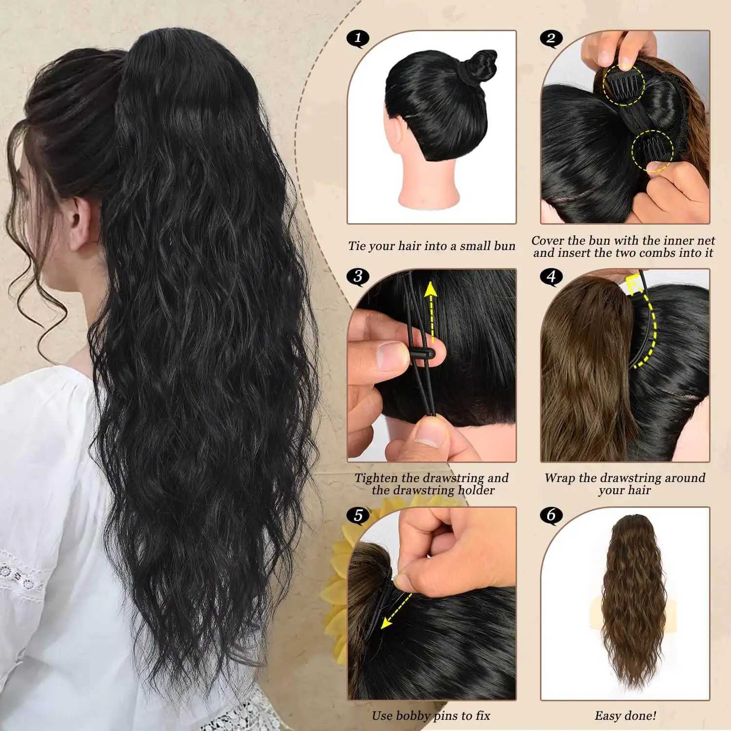 Alana Synthetic Long Natural Wave Drawstring Ponytail 22inch Clip in Hair Extensions Blonde Natural Hair Fake Weave PonytailsXJ241221