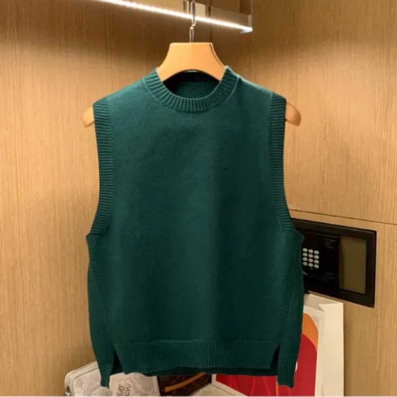 Mens Clothing Sleeveless Knit Sweater Male Crewneck Brown Solid Color Vest Waistcoat Plain Round Collar X Korean 2024 Autumn AXJ241221