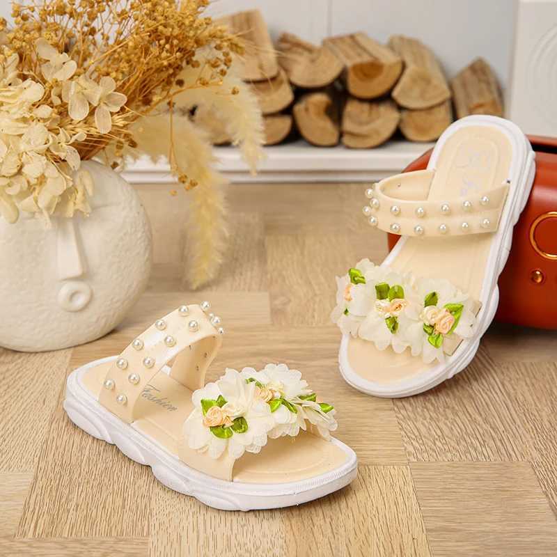 Sneakers Trendy Cute Flower Pearl Decor Open Toe Slippers For Girls Breathable Lightweight Wear-resistant Slippers For Indoor All Seas H241221