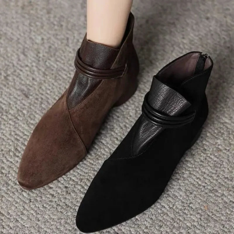 Shoes Female High Quality Ankle Womens Boots Elegant Modern Boots Women Sewing Pointed Toe Low Heel Back Zip Shoes Women 241220