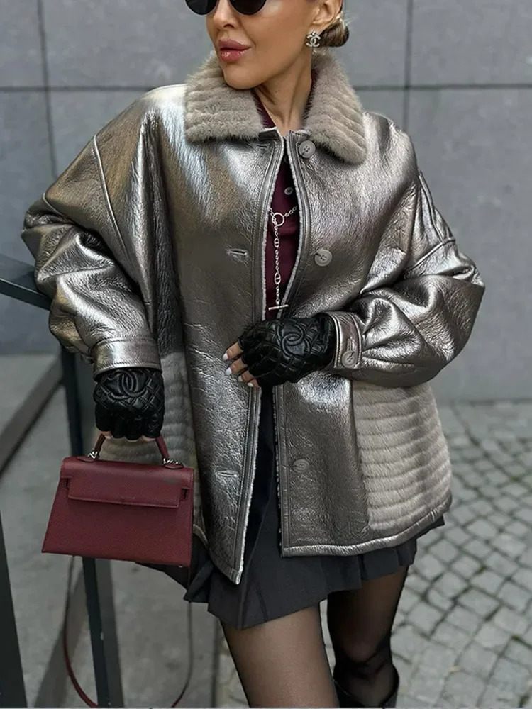 Silver Fur Leather Patchwork Lapel Coat Women Single Breasted Pockets Long Sleeve Jackets Chic Female Streetwear 241216