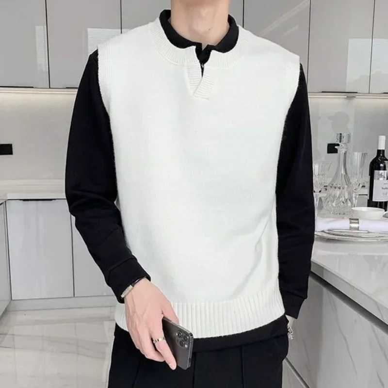 Knitted Sweaters for Men Waistcoat Black Man Clothes V Neck Vest Plain Sleeveless Solid Color Elegant Korean Fashion 2024 AutumnXJ241221