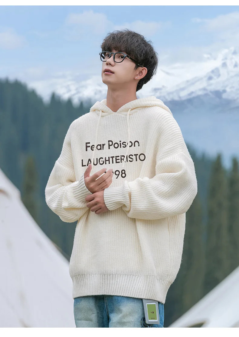 Velvet Hollow Hole Breaking Knit Sweater Mens Autumn Winter Models Loose Lazy Wind Hooded Pullover Sweater Top Warm 241220