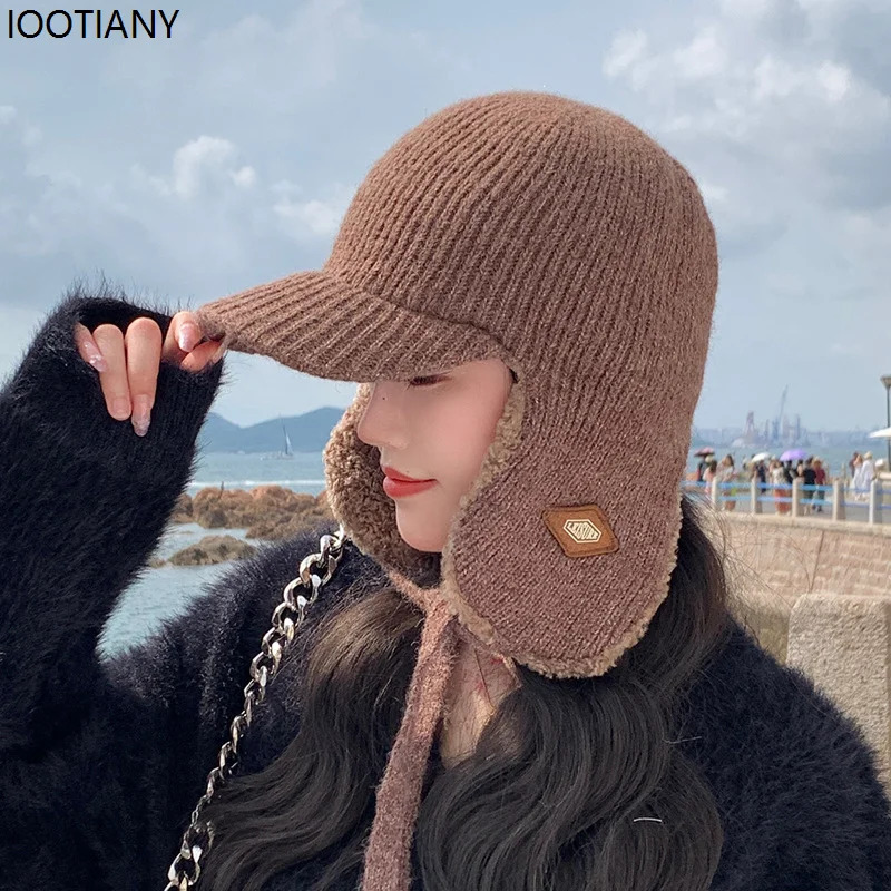 Winter plush thick warm Lei Feng hat outdoor windproof earmuffs knitted warm plush hat skiing bicycle antifreeze hat 241220