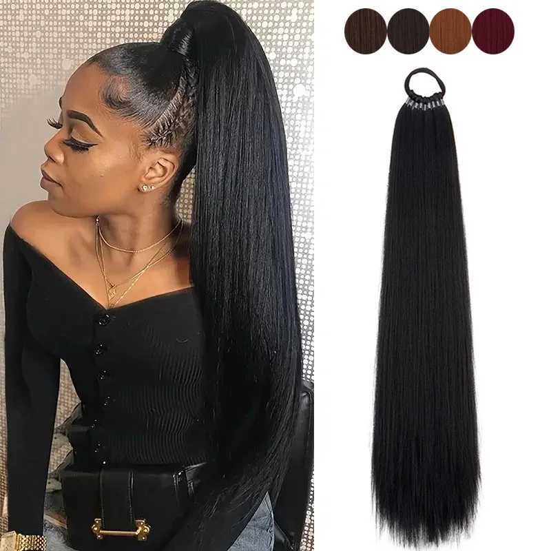 22Inch Long Straight Synthetic Ponytail Hair Extension With Elastic DIY Braid Hairpiece for WomenXJ241221
