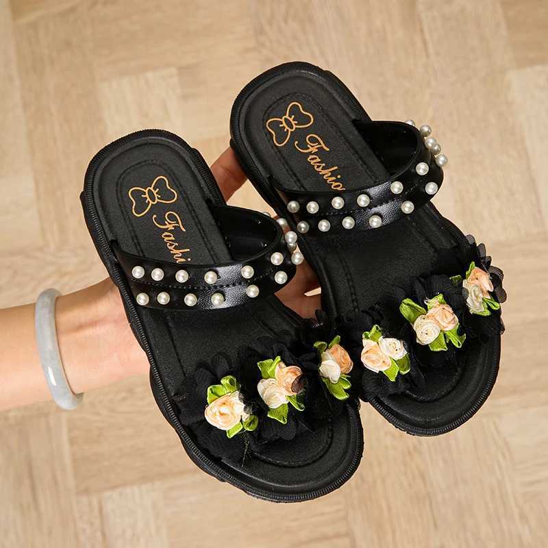 Sneakers Trendy Cute Flower Pearl Decor Open Toe Slippers For Girls Breathable Lightweight Wear-resistant Slippers For Indoor All Seas H241221