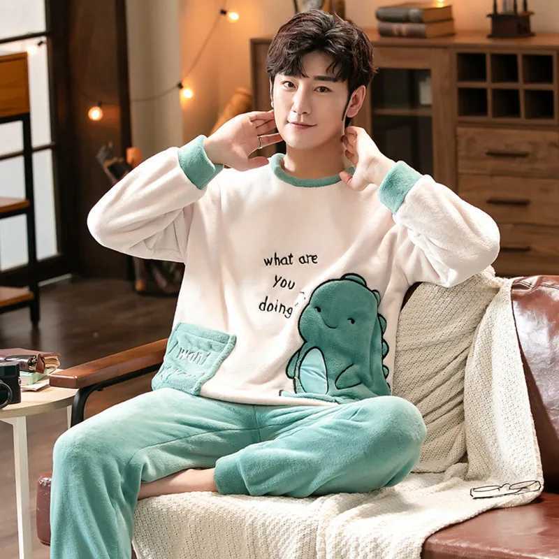 New Mens Pajama Set Mens Flannel Long Sleeve Pajamas Mens Pajamas Warm Winter Clothing Plus Size Casual Clothing W241221