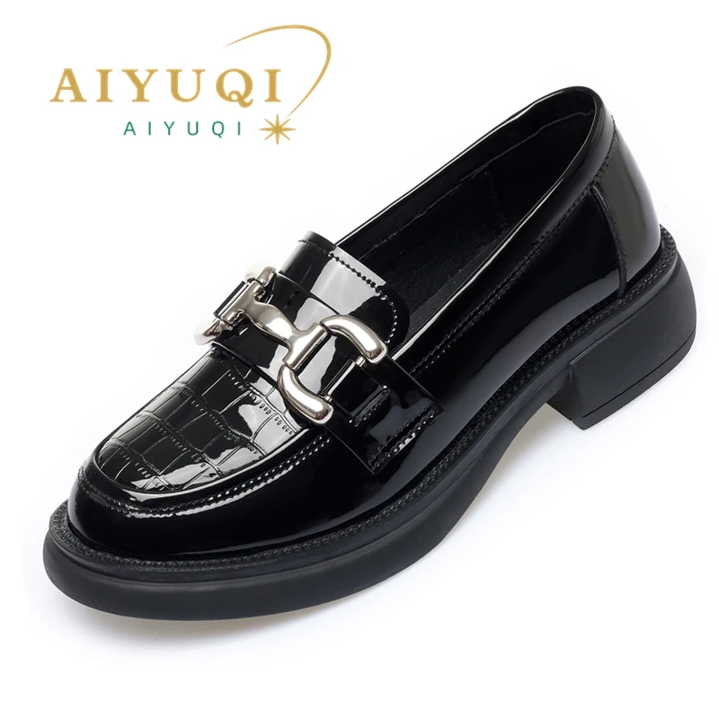AIYUQI Women's Loafers Spring Round Toe Genuine Leather Ladies Shoes British Style Large Size Slip on Shoes for Women