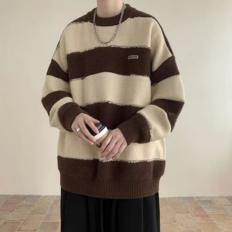 Autumn Appliques Patchwork Striped Sweater Male Y2K Vintage Pullover Knit Jumpers Winter Loose Knitwear pull homme 241220