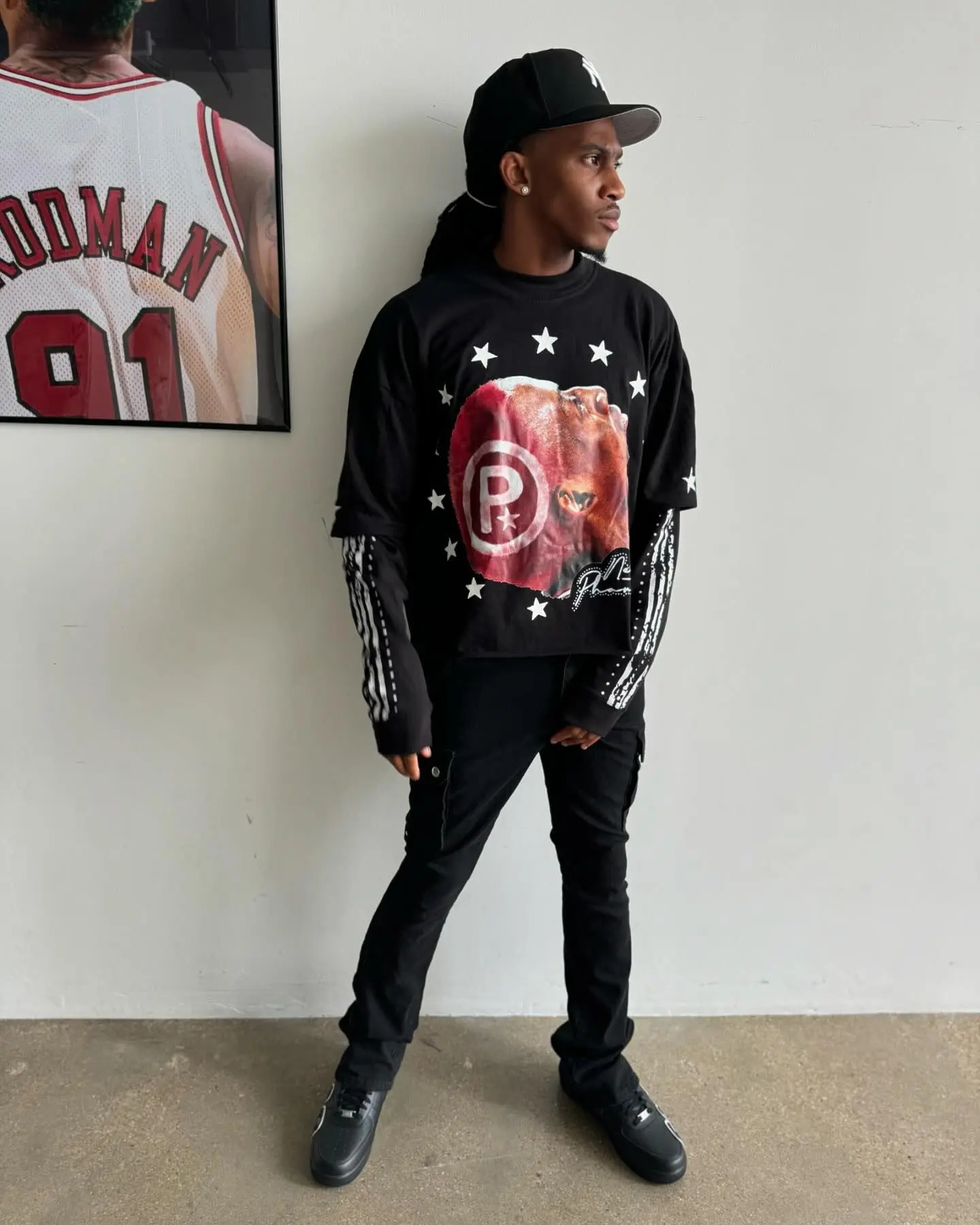 Autumn Winter Gothic Bonce Print Loose TShirt Oversized HipHop Aesthetic Double Layer Long Sleeve Cotton Men Tops Streetwear 241217