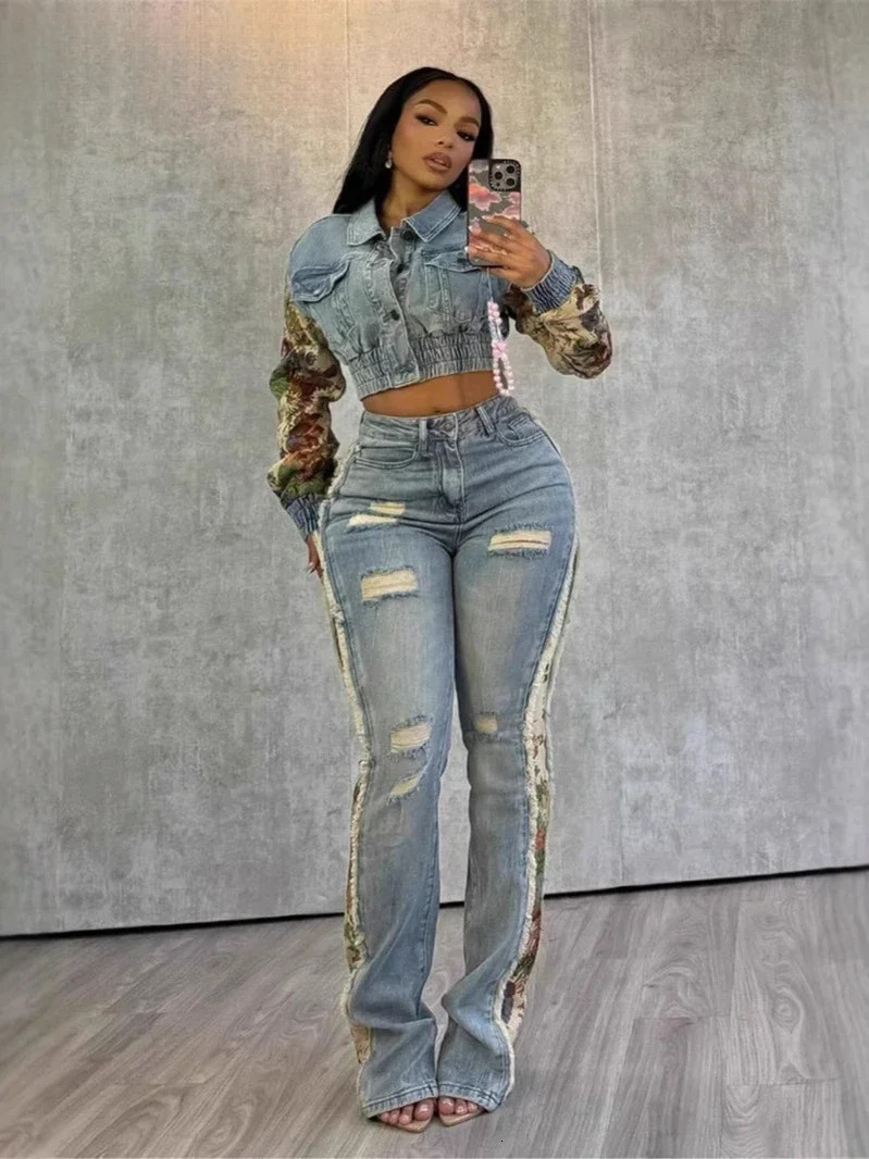 Women's Patchwork Full Sleeve Button Fly Jacket And Ripped Jeans Pants Suit Two 2 Piece Set Outfit