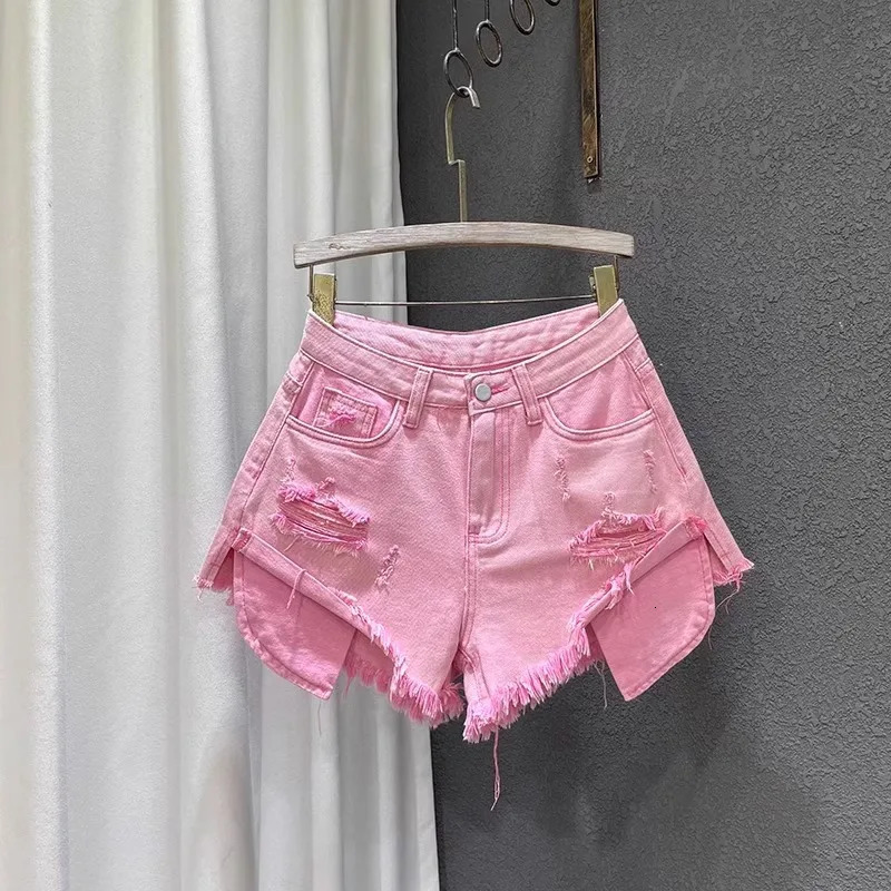 2025 Women Highwaisted Lightcolored Holes ned Denim Shorts Female Ashaped Ripped Jeans sxl pink blue 241218