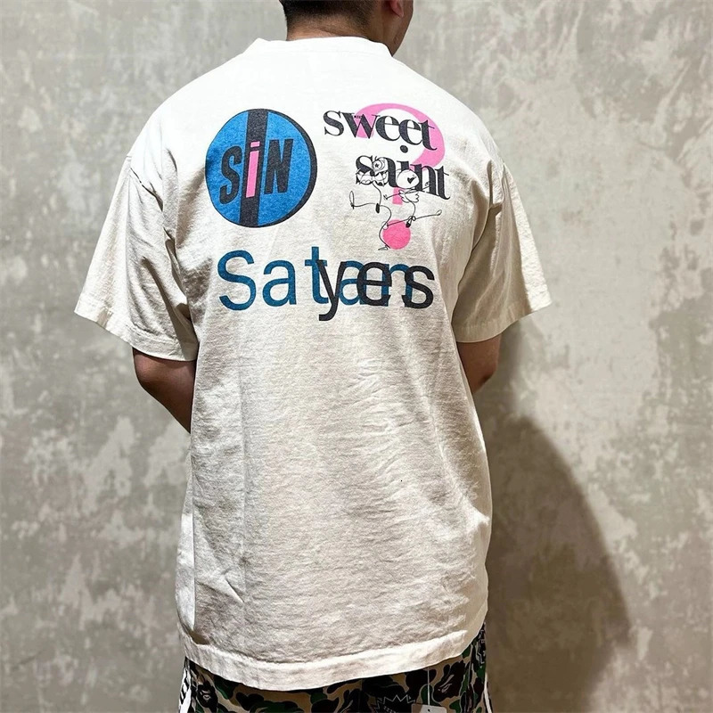 Vintage Letter Double sided Printed Washed High Street Short Sleeve Japanese Casual Loose Pure Cotton Tshirt 241217