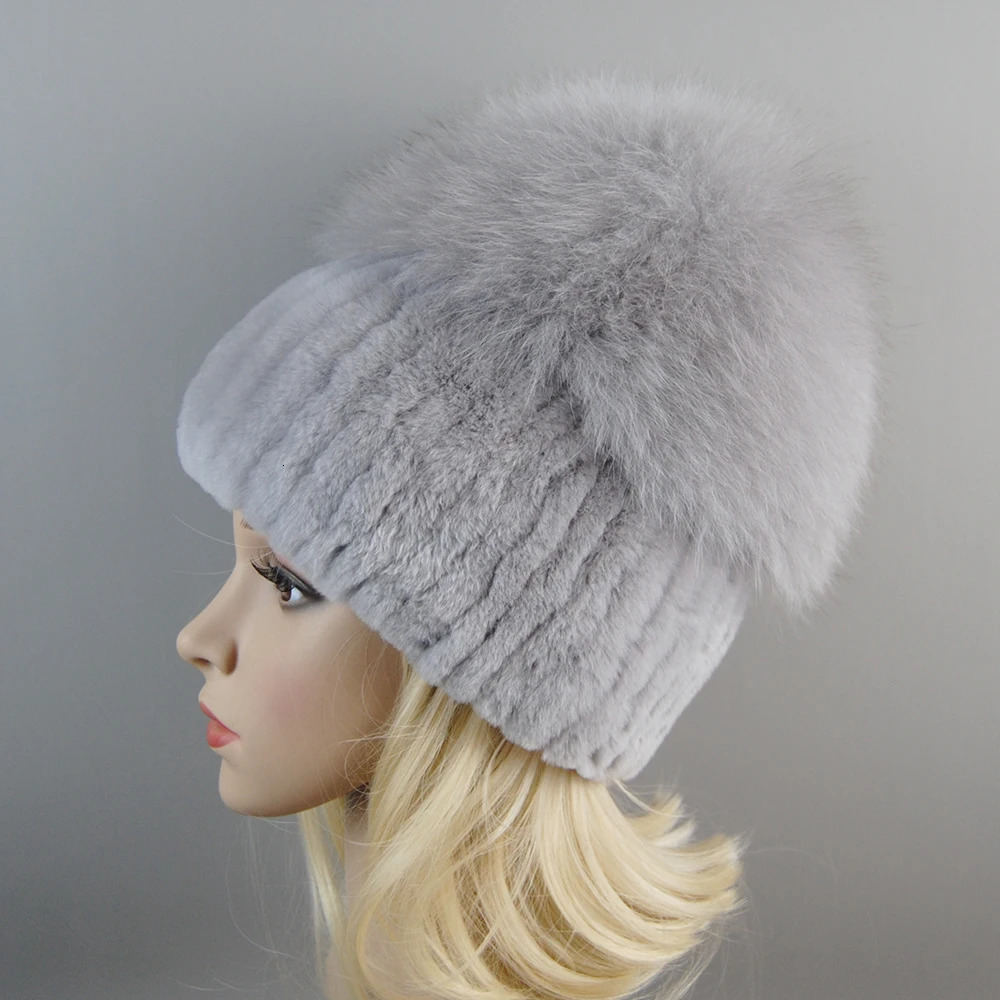 Russia Lady Winter Real Fur Hat Women Warm Knitted Genuine Rex Rabbit Fur Hat Top Natural Fox Fur Bomber Caps Rex Rabbit Fur Cap 241214