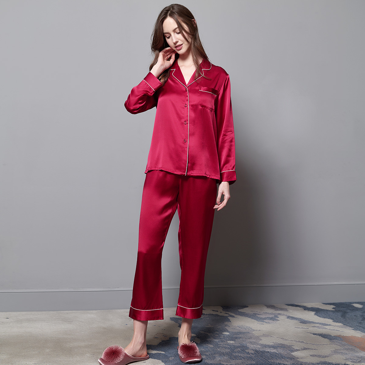 Classy Sleepwear Collection: Soft Silk Pajama Ensemble with Nightgown and Bathrobe
