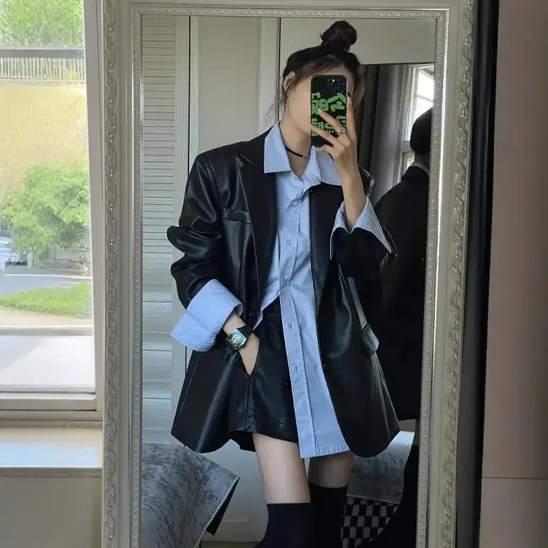 Style Womens Genuine Leather Jacket Loose Fit Casual Elegant HighEnd Feel Top Korean Vintage Black 241216
