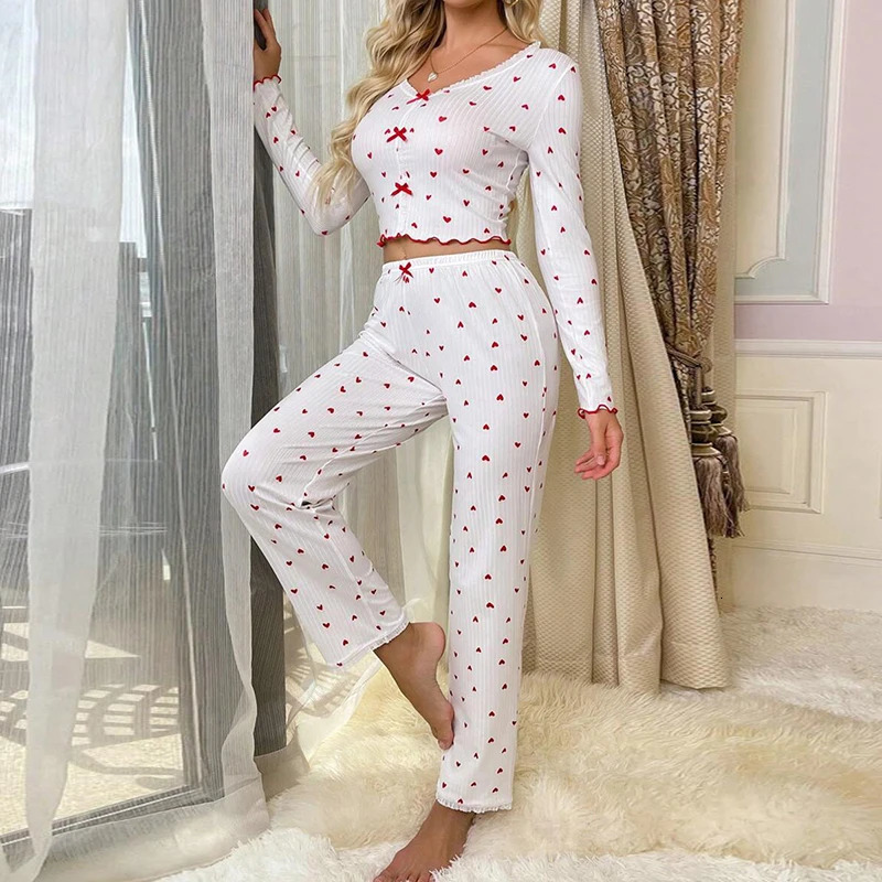 Elegant White Ribbed Print Pants Sets Pajamas Women Knitted V-Neck Loose Tops Autumn Elastic Long Pants Sleepwears Vintage 241217