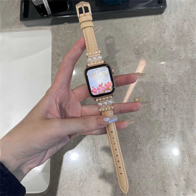 Leather Bracelet For iWatch Series 41 45mm 38 42 44mm 40 Pearl Decorate Women Wrist Strap For Watch 8 7 6 5 4 3 SE 241220