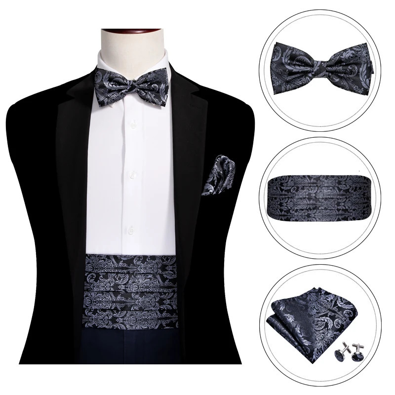 Black Paisley Men Cummerbund Silk Floral Bow Tie Set Pocket Square Cufflink Formal Tuxedo Suit Accessories Barry.Wang B-100 241220