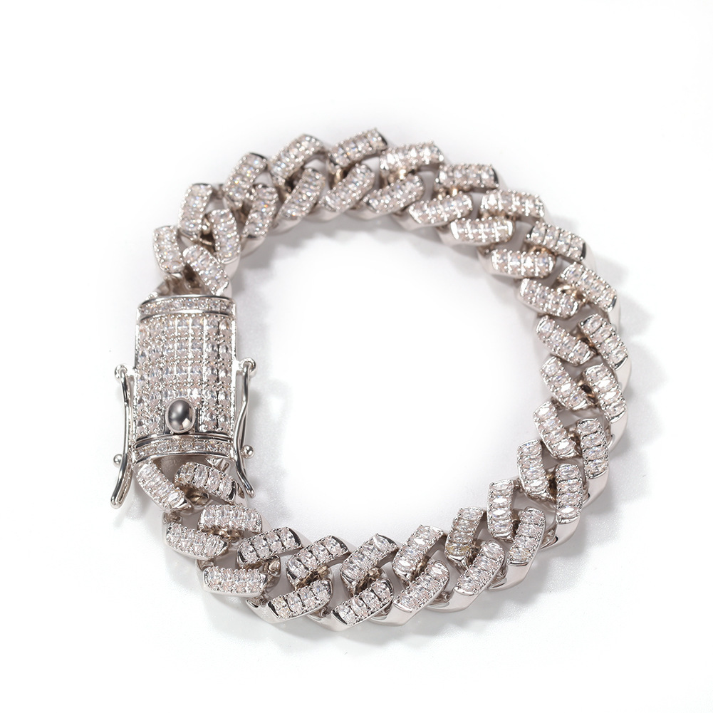 Fine Quality Iced Out Full Baguette Cubic Zirconia Mens Bracelet New In White Gold Prong Cz Stones Cuban Link Chain Bangle Bracelets Hip Hop Jewelry P