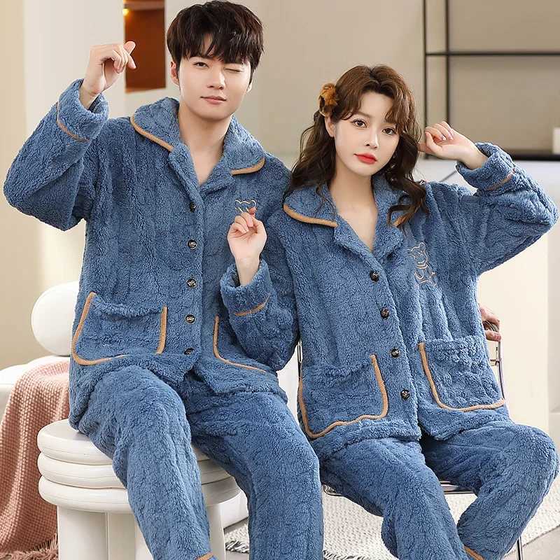 Large size 6Xl mens warm winter lovers pajamas evening gown flannel pajamas set thick pajamas long sleeves W241221