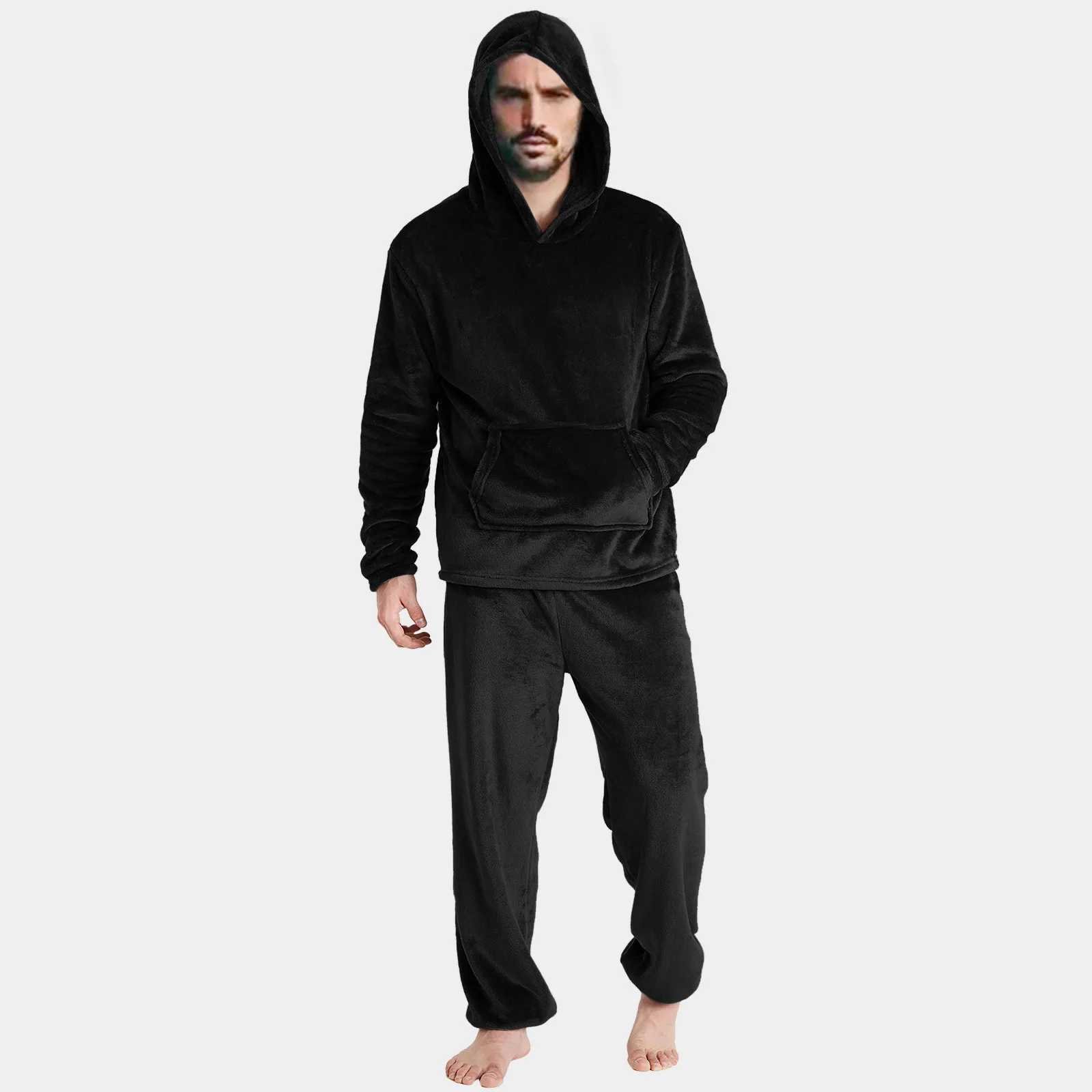 Winter mens wool casual long sleeved pajamas set coral velvet solid color pajamas mens plush thick hooded sweater W241221