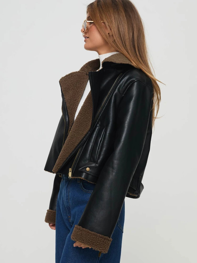 ZBZA Women PU Leather Locomotive Jacket Thicken Long Sleeves Lapel Oblique Zip Pocket Warm Outerwear Winter Female Fashion Coat 241216