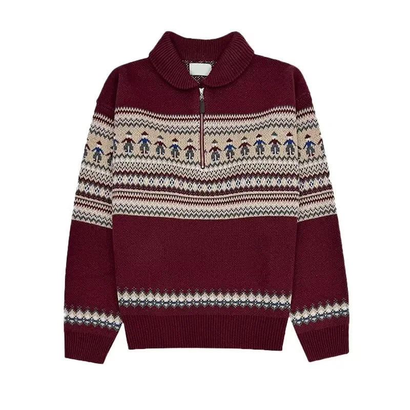 WInter Fair Isle Half Zip Polo Neck Sweaters For Men Y2K Vintage Christmas Knitted Pullovers Red Knitwear Man 241220