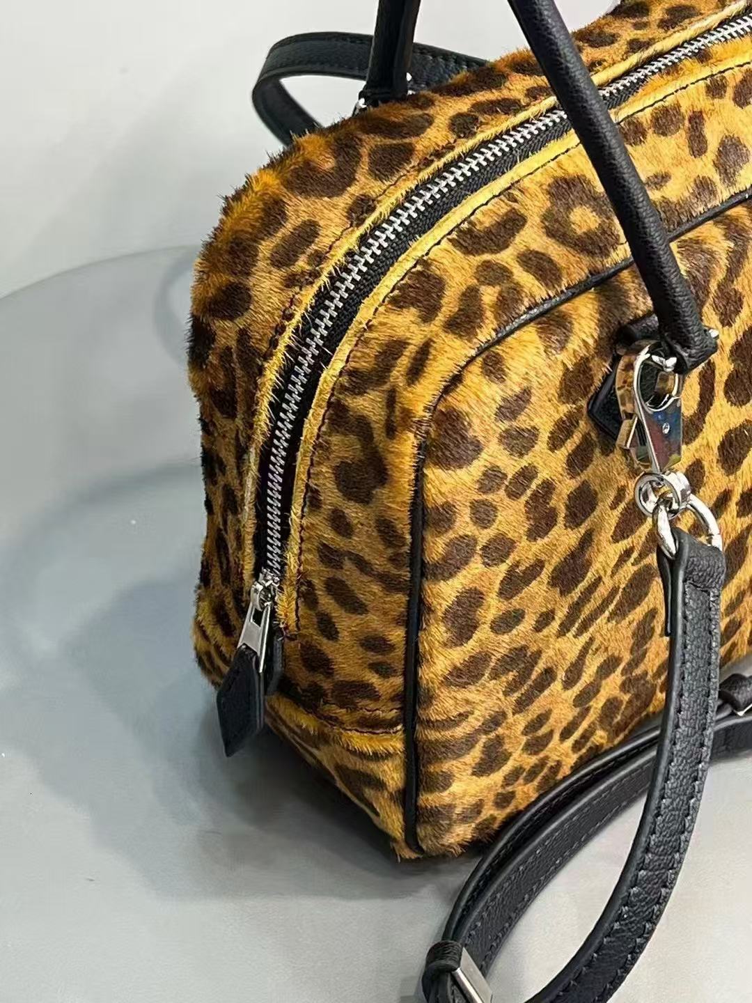 2025 Winter Leopard Print Horsehair/Suede Cow Leather Boston Pillow Tote New Design Women Tote Crossbody Shoulderbox Bag