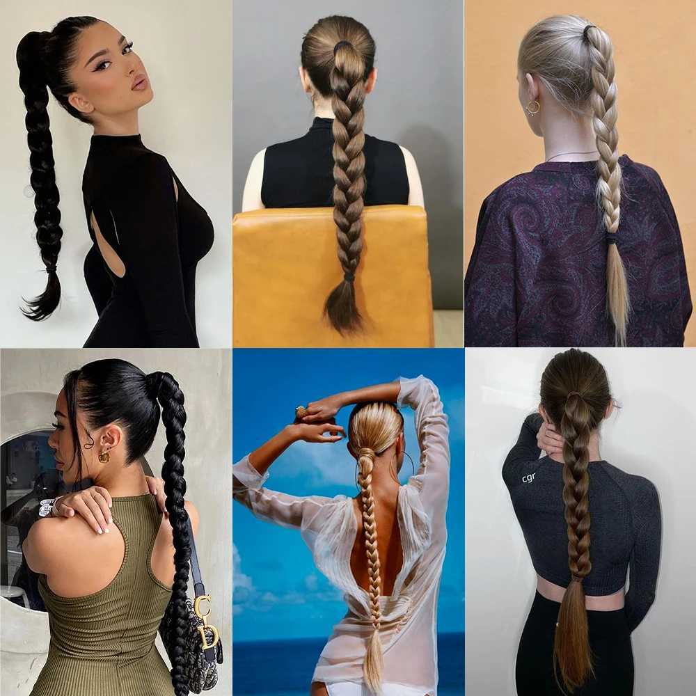 Ponytail Extensions Synthetic Wrap Around Ponytail With Rubber Band Hair Ring DIY 26 Inch Ombre Black Brown GreyXJ241221