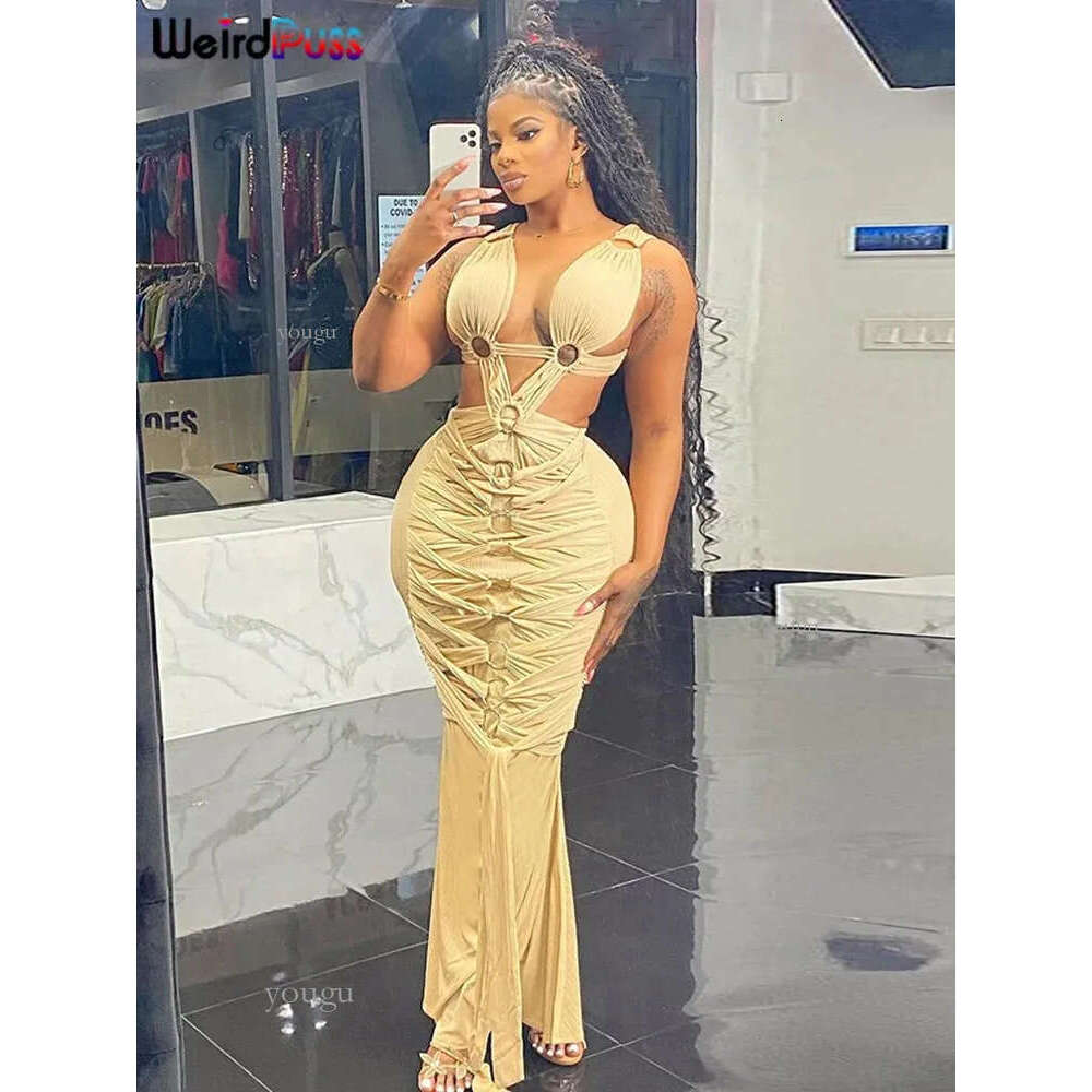 Weird Puss Cirque Cross Hollow Dress Women Sexy Chic Y2K Trend Backless Sleeveless Elegant Birthday Party Stretch Maxi Bodycon 240920