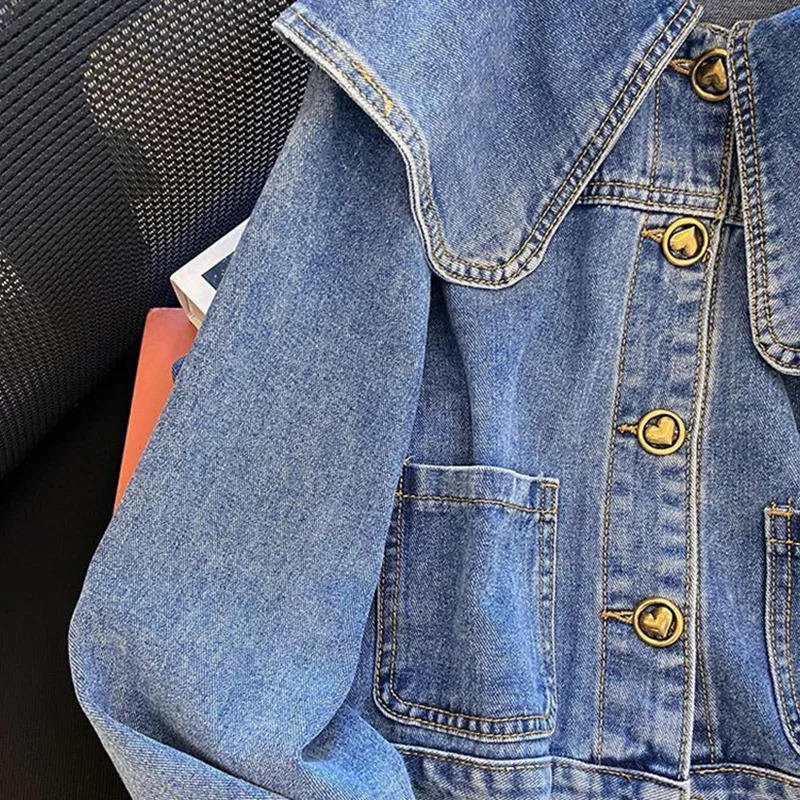 Peter Pan collar denim womens retro single chest sweet long sleeved spring autumn heart-shaped button beautiful style jacket 241219