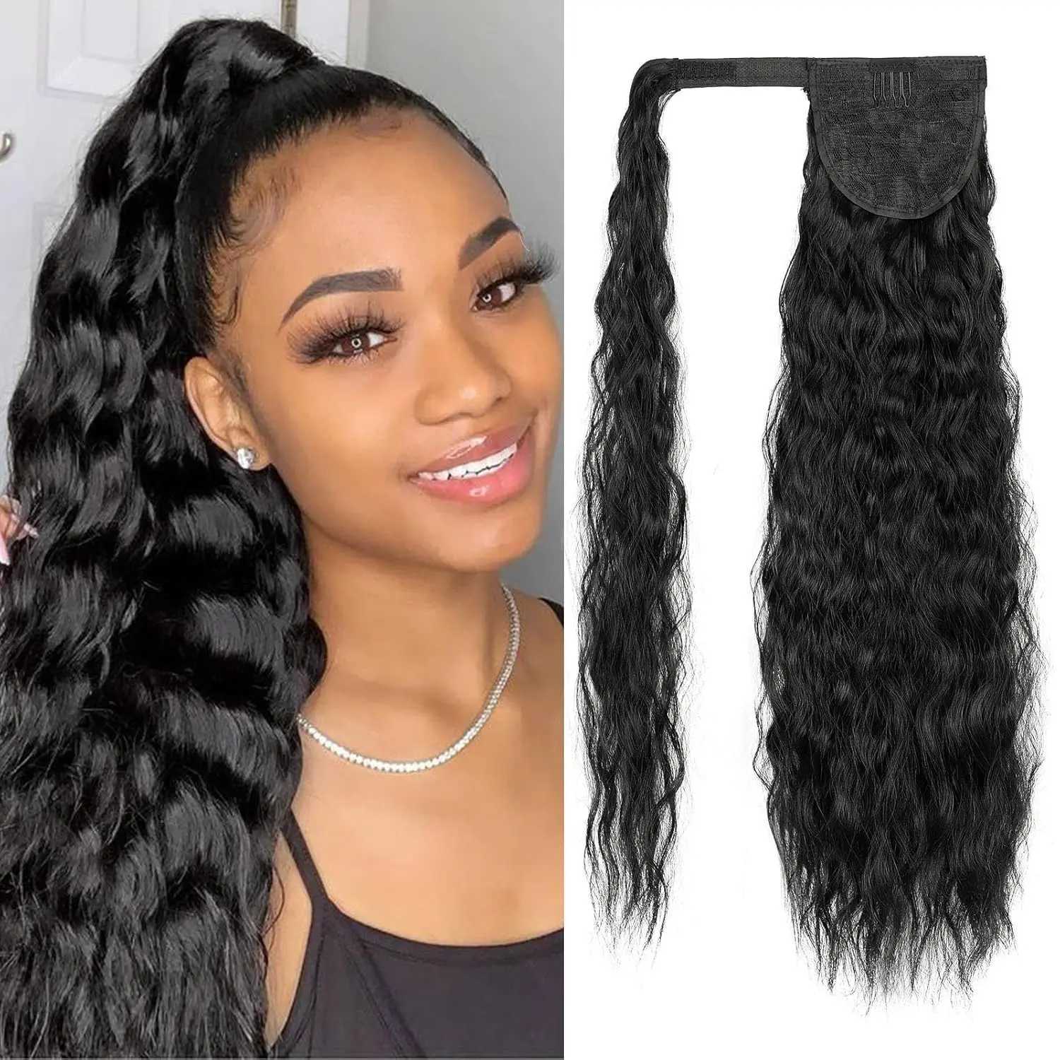 Synthetic Corn Wave Ponytail Extension Long Wavy Curly Wrap Around Ponytail Clip in Ponytail Hairpiece for Women Girls Daily UseXJ241221