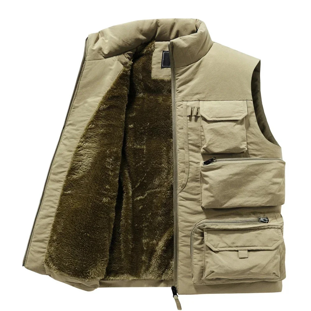 Men's New Keep Warm Fleece Work Slim Fit Windbreaker Fashion Many Pocket Jacket Men Winter Sleeveless Jackets