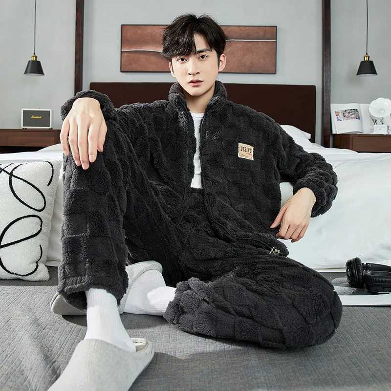 Autumn and winter long plush mens plain flannel sleepwear pants 2-piece home spun womens velvet thick sleepwear zipper Pj W241221