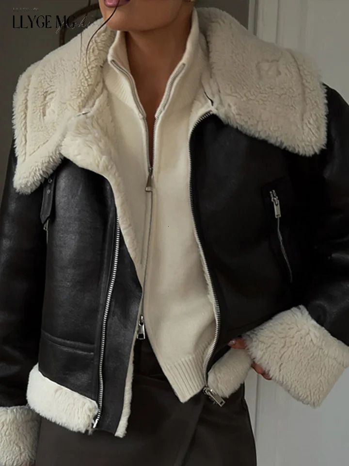 Casual Bomber Jacket Women Lapel Loose Faux Leather Lamb Wool Overcoat Woman Full Sleeve Zipper Patchwork Warm Coat Lady Vintage 241216