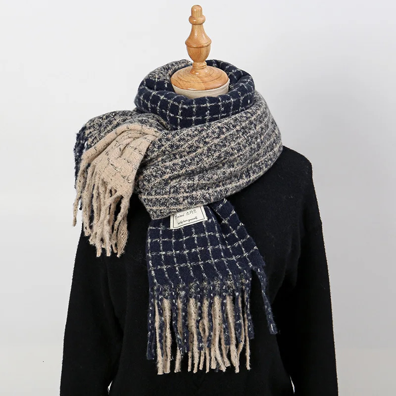 Elegant Retro Plaid Cashmere Winter Womens Knitted Scarf Thickened Plush Neck Warmer Shawl Patchwork Colors 241220