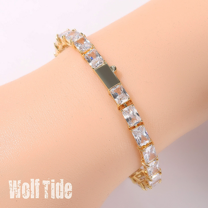 New In Hip Hop Bling Rectangular Cubic Zircon Bracelet Spring Buckle Trendy 16k Gold Square Cz Stones Tennis Bracelets Wolf Tide Full Gemstone Bijoux 