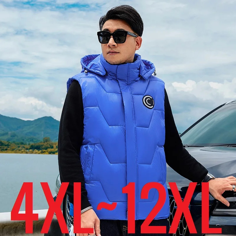 2025 New In Men Padded Vest Winter Hooded Zip-up Sleeveless Jacket Male Autumn Warm Blue Golf Wear Waistcoat Big Plus Size 12XL