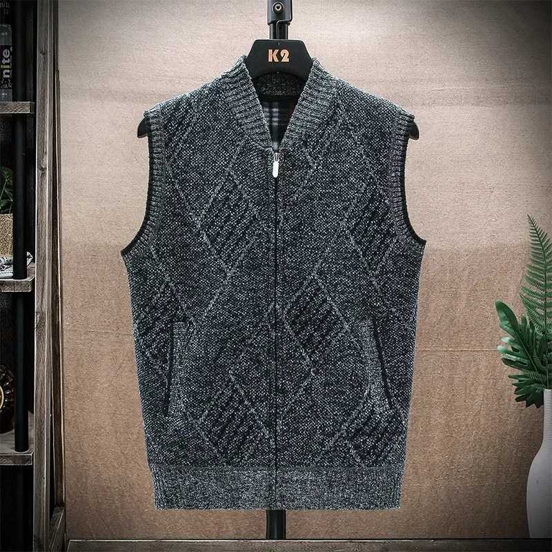 Men Wool Sweaters Vest 2024 Autumn Winter Fleece Warm Casual Zipper Cashmere Sleeveless Solid Sweater Knitted Veste Men ClothesXJ241221