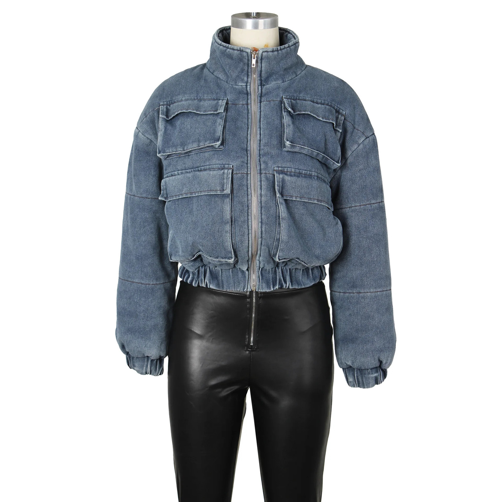 Women Jacket Winter Fashion Multi-Pocket Long Sleeve Puffer Denim Jackets Autumn Casual Thicken Crop Bubble Jeans Jacket Coat 241216