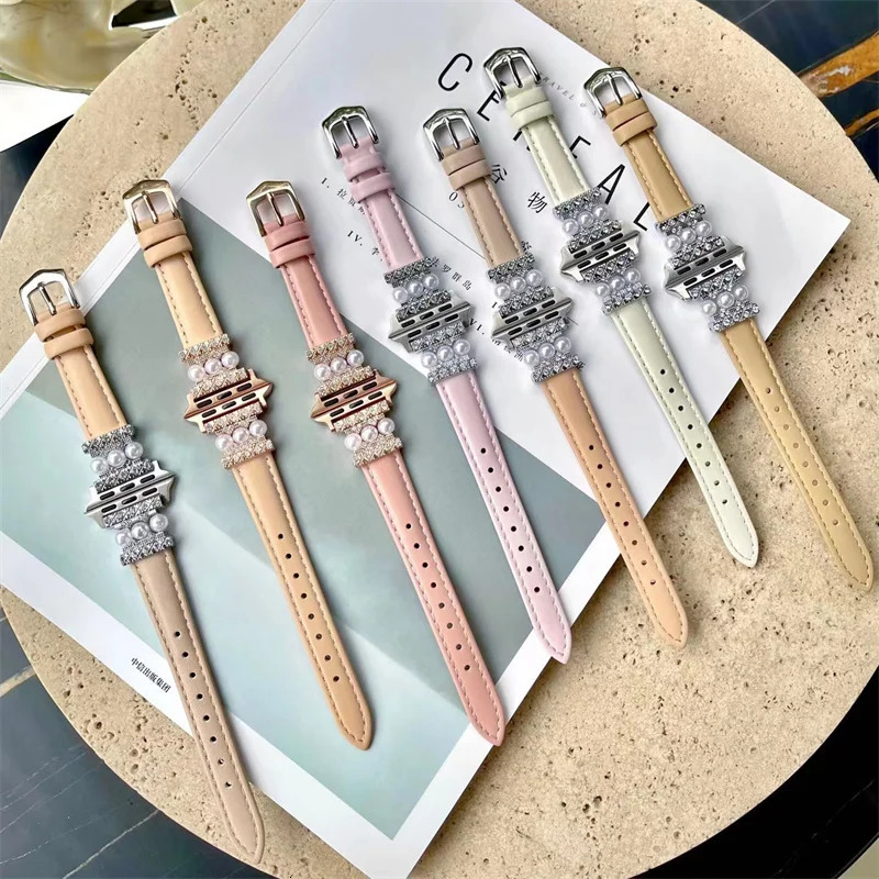 Leather Bracelet For iWatch Series 41 45mm 38 42 44mm 40 Pearl Decorate Women Wrist Strap For Watch 8 7 6 5 4 3 SE 241220