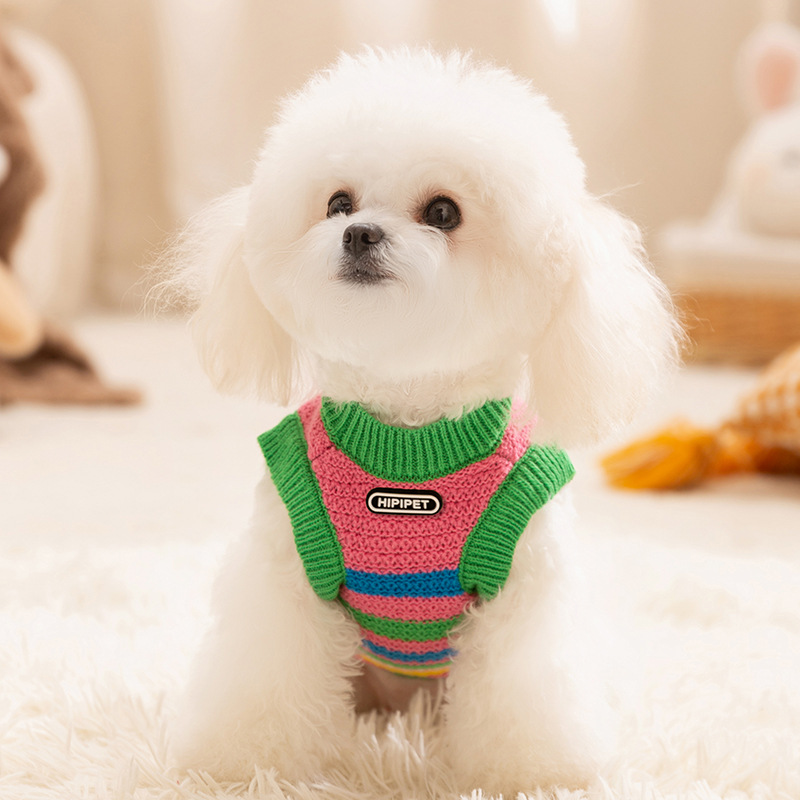 Simple colored striped sweater for dogs in autumn and winter, warm winter knitted sweater, pullover, two legged clothes, pet dog clothes