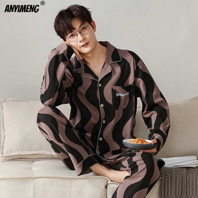 Autumn and winter mens cotton sleepwear long sleeved pants black and white sleepwear set plus size L-3XL lapel mens sleepwear W241221
