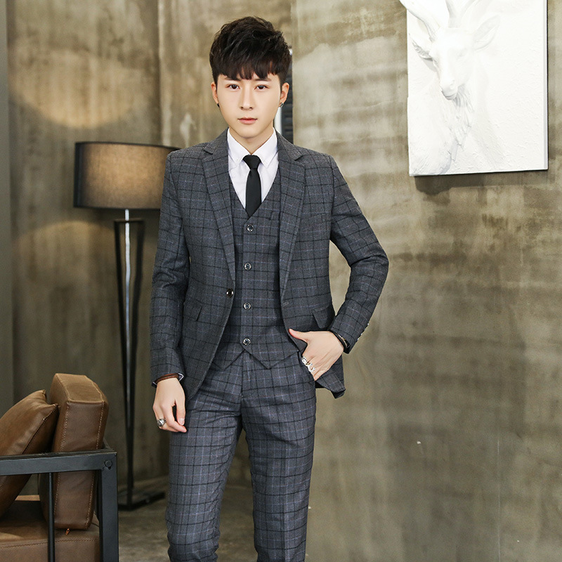 F1221Groom and best man suit five piece checkered suit